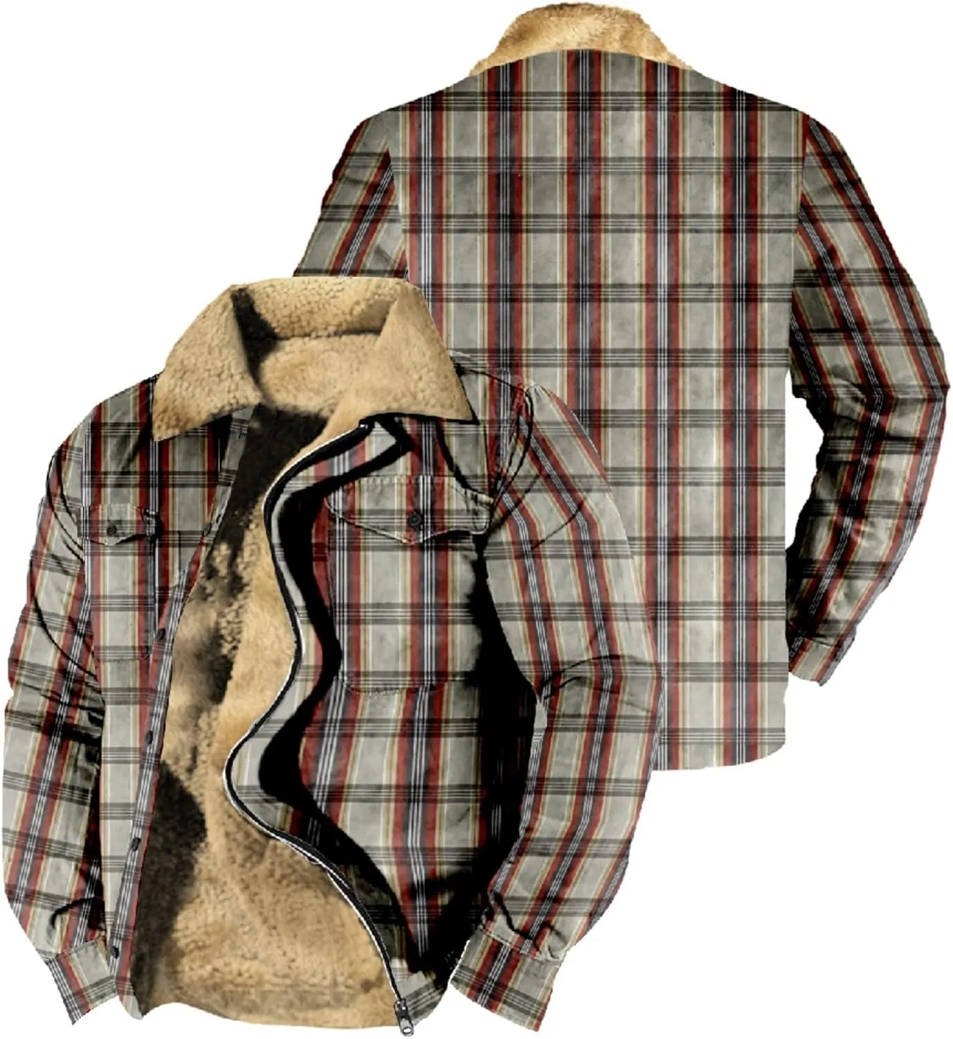 LCMTWX Men's Flannel Jackets Winter Retro Print Hooded Zipper Pocket Long Sleeve Shirt Patchwork Lightweight Shirt Heavy