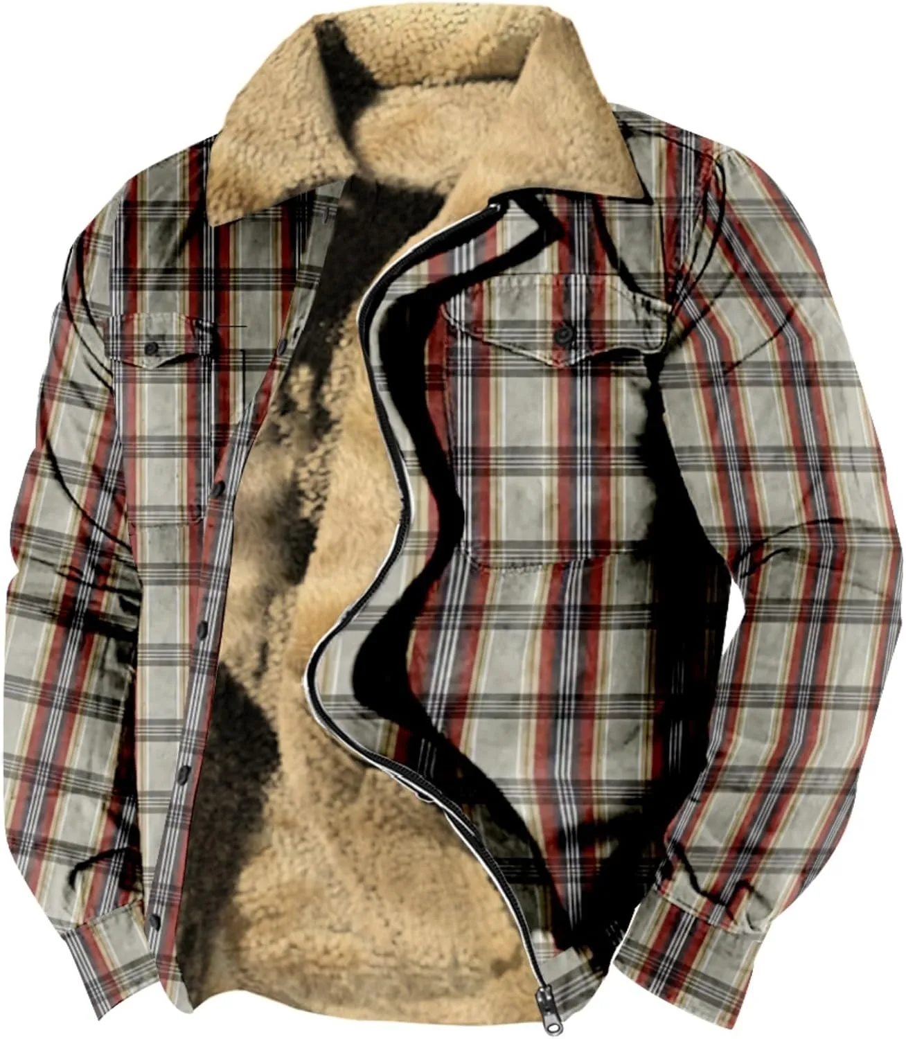 LCMTWX Men's Flannel Jackets Winter Retro Print Hooded Zipper Pocket Long Sleeve Shirt Patchwork Lightweight Shirt Heavy