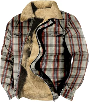 LCMTWX Men's Flannel Jackets Winter Retro Print Hooded Zipper Pocket Long Sleeve Shirt Patchwork Lightweight Shirt Heavy