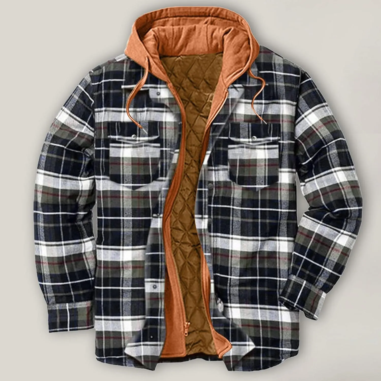 LCMTWX Men's Hooded Shirt Jacket Plaid Print Lapel Button Down Pocket Long Sleeve Shirt Patchwork Jacket Coat with Zipper