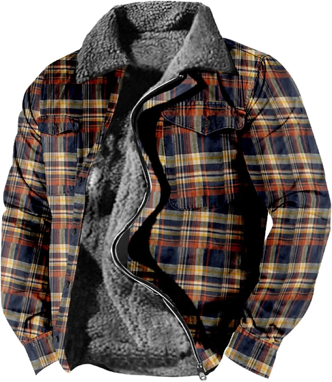 LCMTWX Men's Plaid Hooded Shirts Print Hooded Zipper Pocket Long Sleeve Shirt Patchwork Jacket Casual Loose Thickened