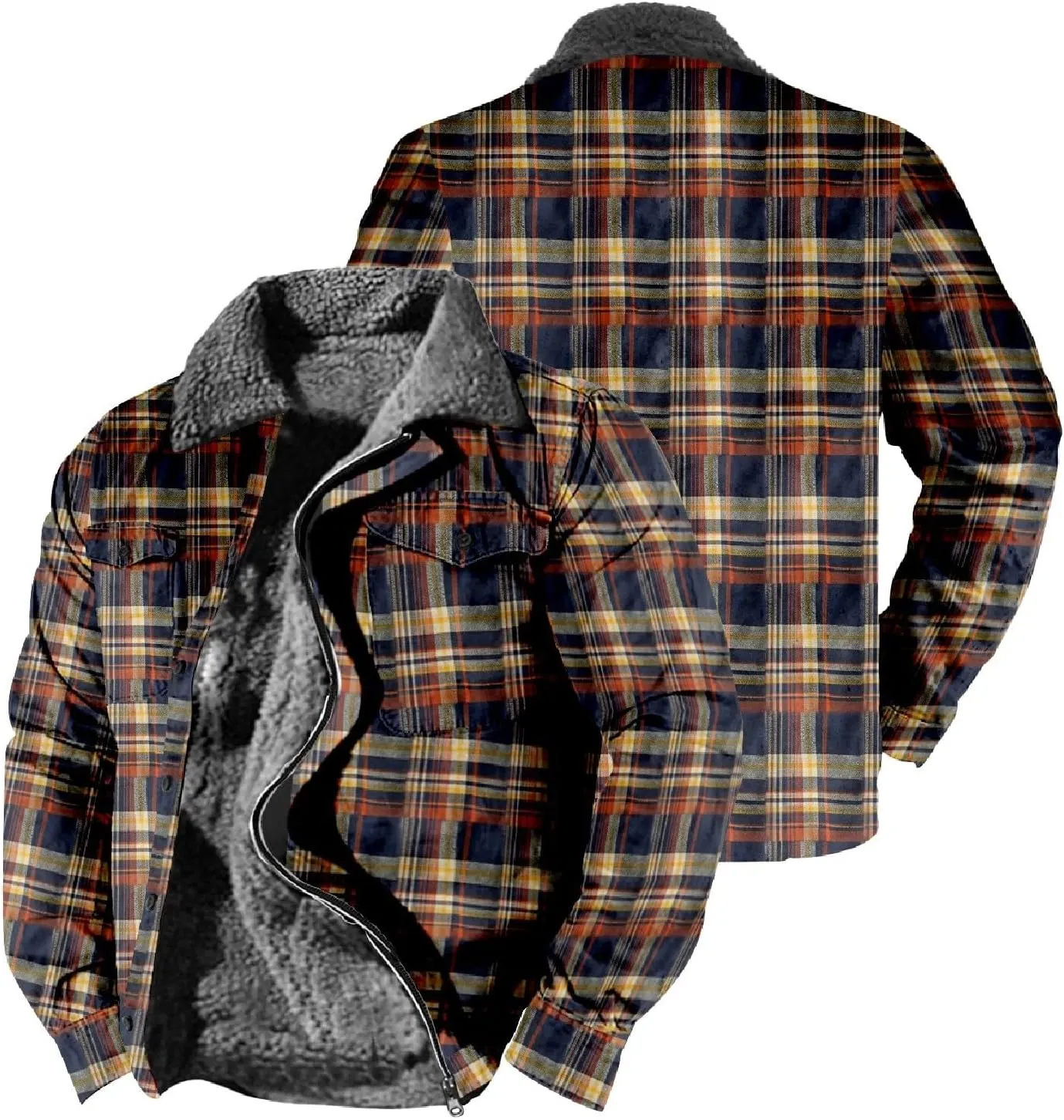 LCMTWX Men's Plaid Hooded Shirts Print Hooded Zipper Pocket Long Sleeve Shirt Patchwork Jacket Casual Loose Thickened