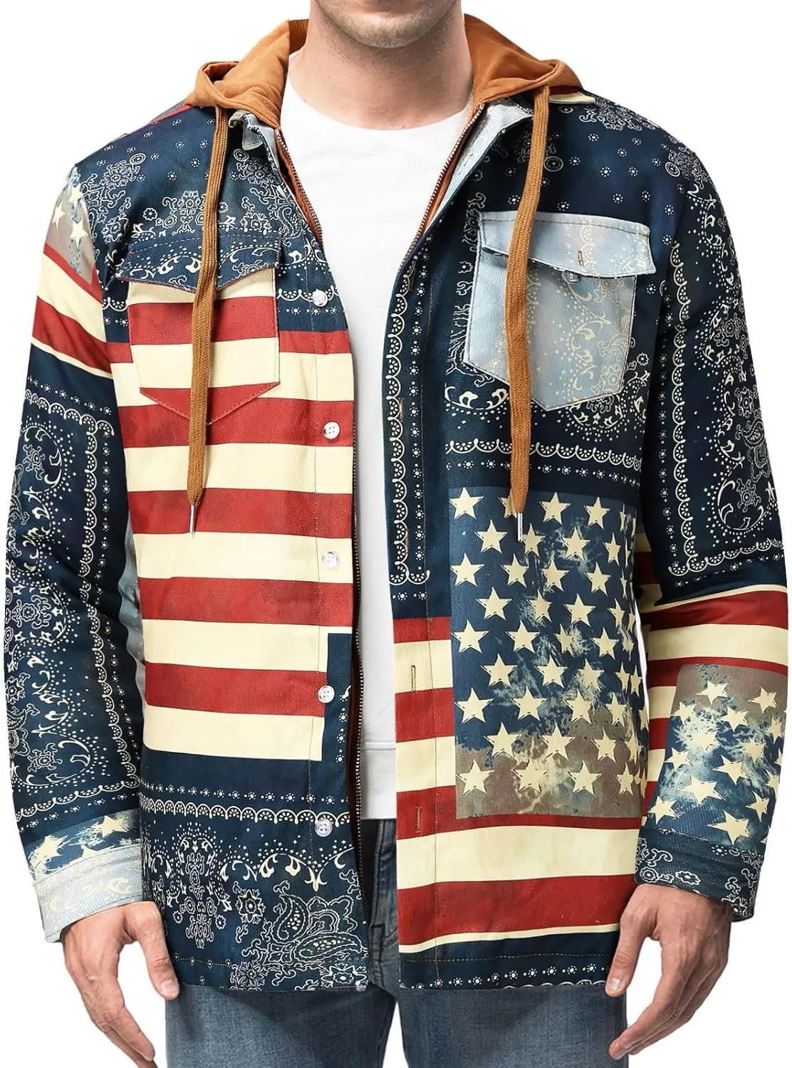 LCMTWX Mens Plaid Jacket And Autumn Retro Print Hooded Zipper Pocket Long Sleeve Shirt Patchwork Jacket Casual Long Sherpa