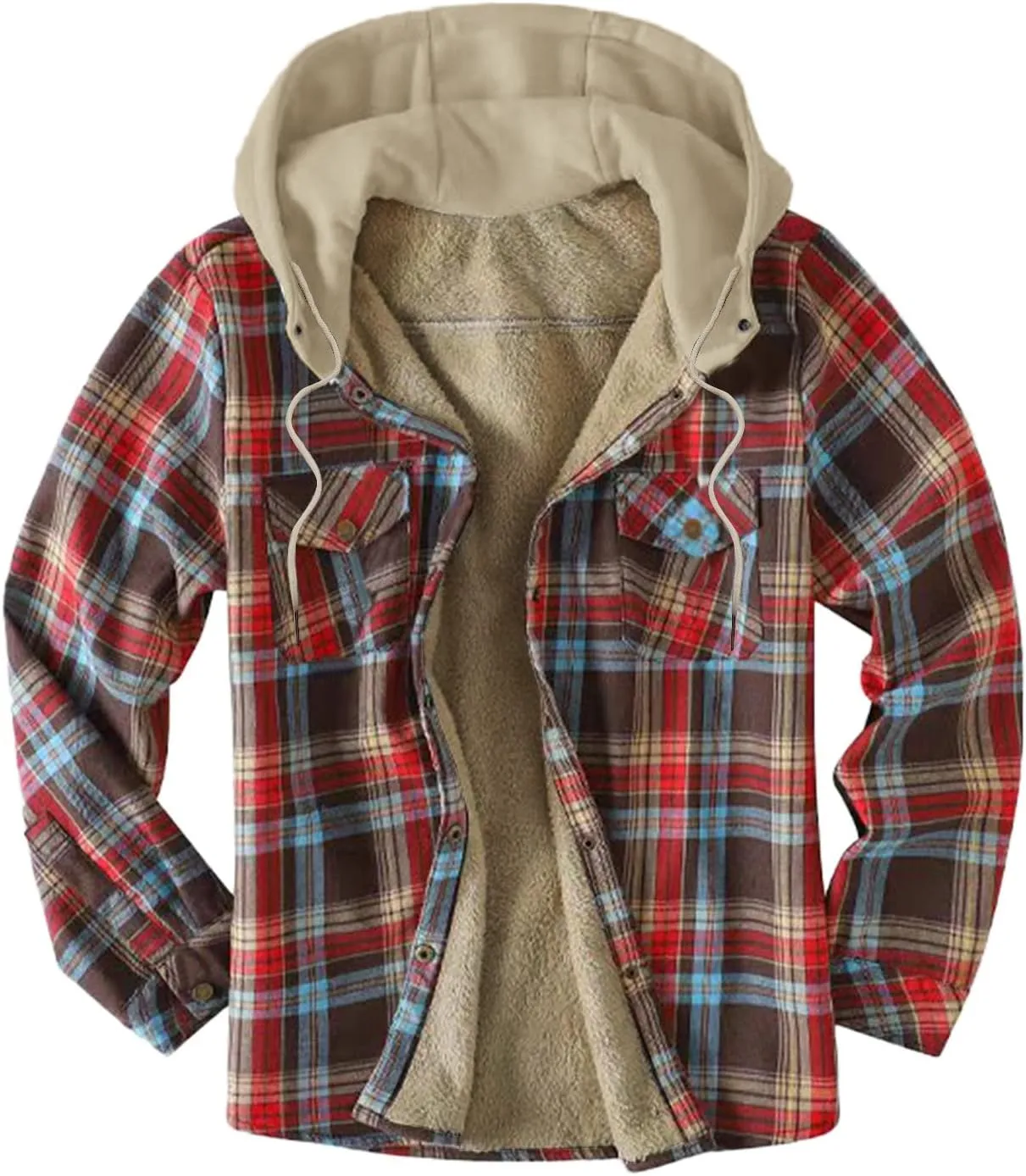LCMTWX Mens Plaid Jacket And Autumn Retro Print Hooded Zipper Pocket Long Sleeve Shirt Patchwork Jacket Casual Long Sherpa