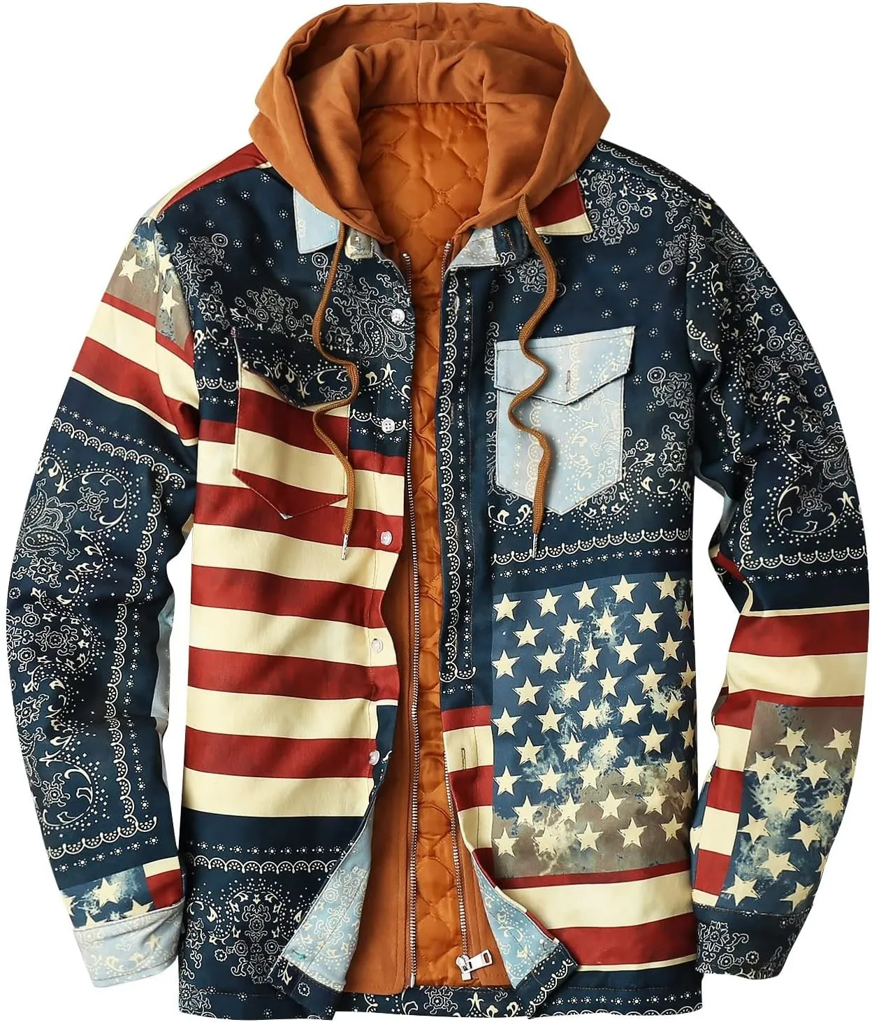 LCMTWX Mens Plaid Jacket And Autumn Retro Print Hooded Zipper Pocket Long Sleeve Shirt Patchwork Jacket Casual Long Sherpa