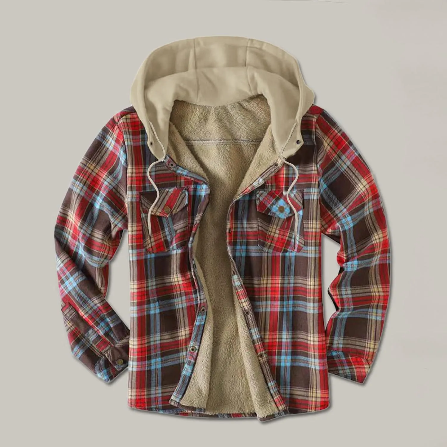 LCMTWX Mens Plaid Jacket And Autumn Retro Print Hooded Zipper Pocket Long Sleeve Shirt Patchwork Jacket Casual Long Sherpa