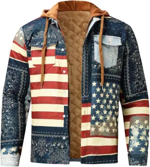 LCMTWX Mens Plaid Jacket And Autumn Retro Print Hooded Zipper Pocket Long Sleeve Shirt Patchwork Jacket Casual Long Sherpa