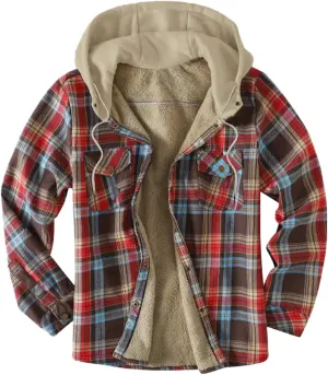 LCMTWX Mens Plaid Jacket And Autumn Retro Print Hooded Zipper Pocket Long Sleeve Shirt Patchwork Jacket Casual Long Sherpa