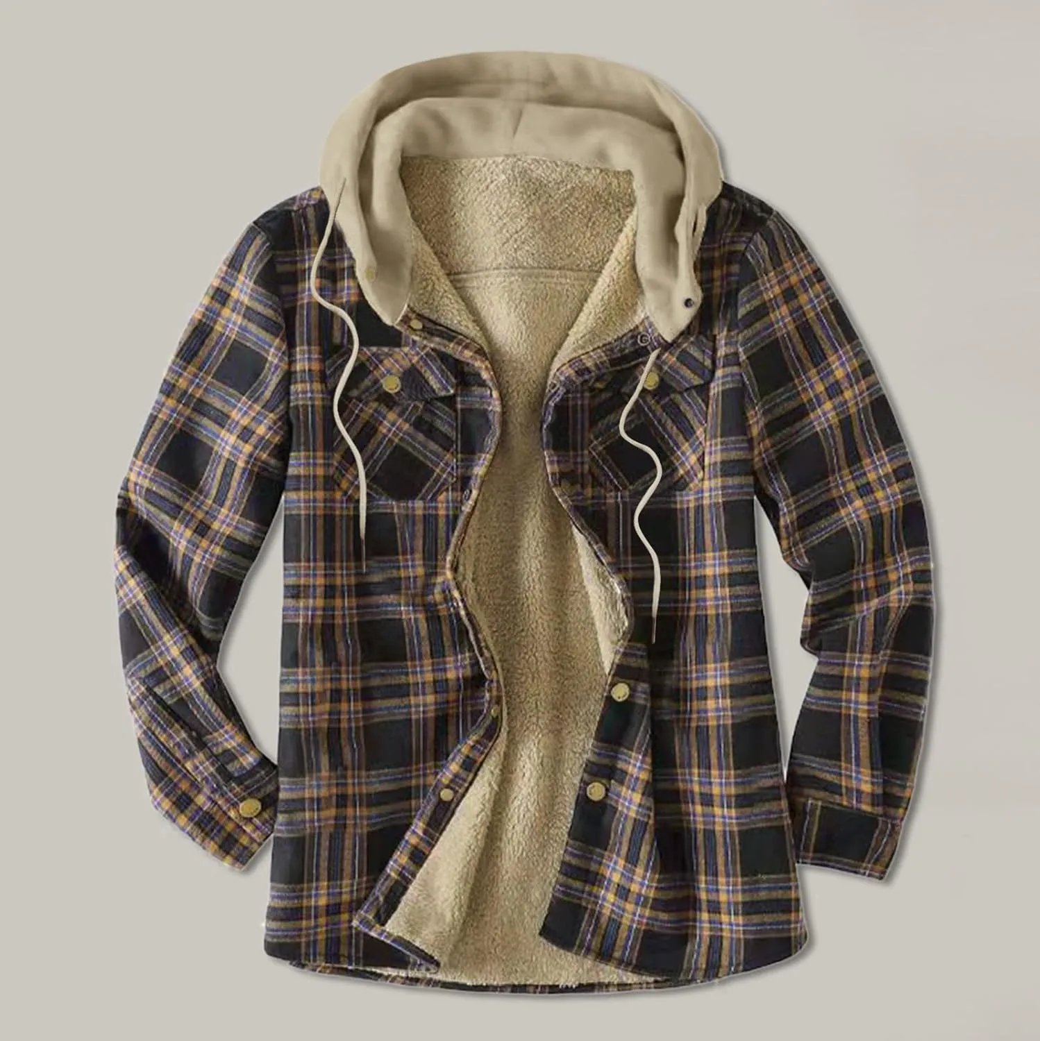 LCMTWX Mens Plaid Jacket And Winter Boho Print Hooded Zipper Pocket Long Sleeve Shirt Patchwork Casual Loose Thicken