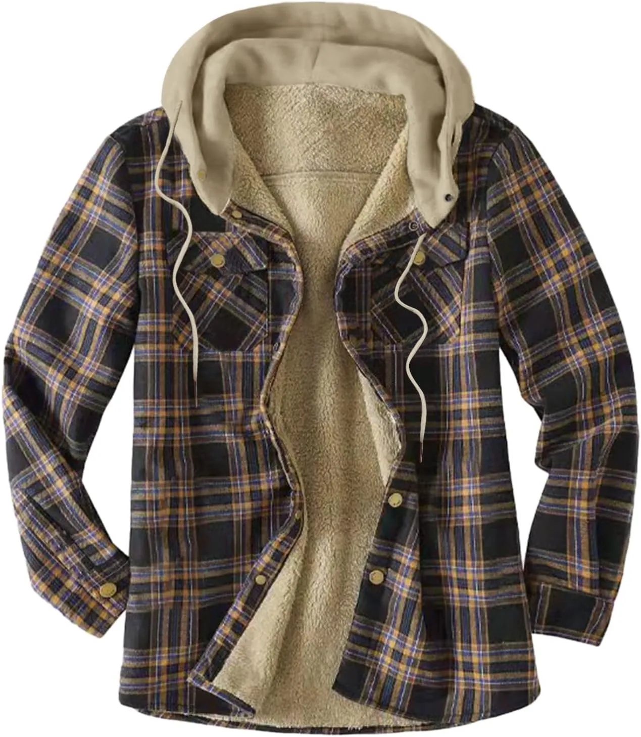 LCMTWX Mens Plaid Jacket And Winter Boho Print Hooded Zipper Pocket Long Sleeve Shirt Patchwork Casual Loose Thicken