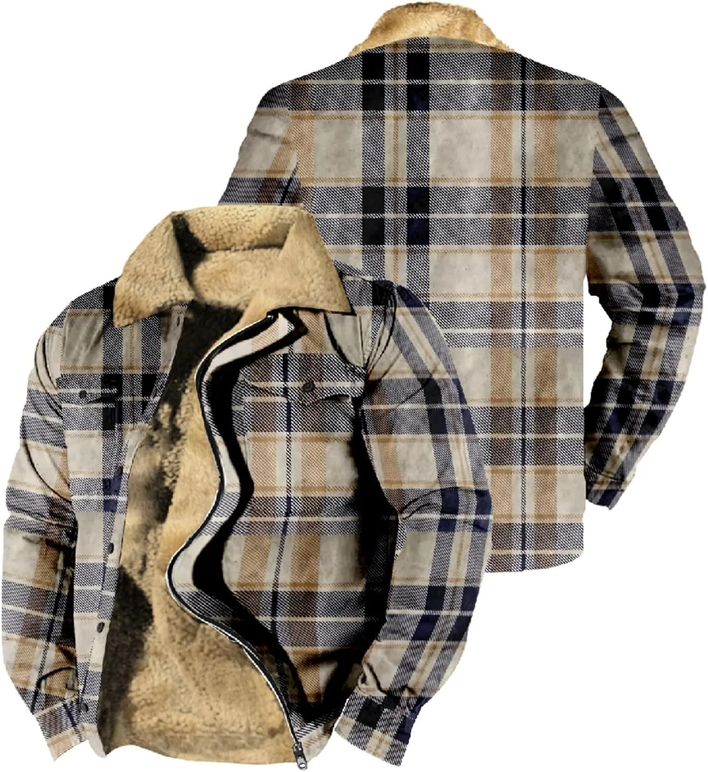 LCMTWX Mens Plaid Jacket Casual Plaid Print Hooded Zipper Pocket Long Sleeve Shirt Patchwork Jacket Loose Thickened ​Coat