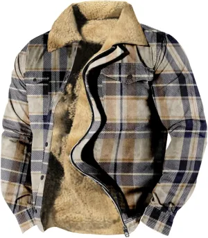 LCMTWX Mens Plaid Jacket Casual Plaid Print Hooded Zipper Pocket Long Sleeve Shirt Patchwork Jacket Loose Thickened ​Coat