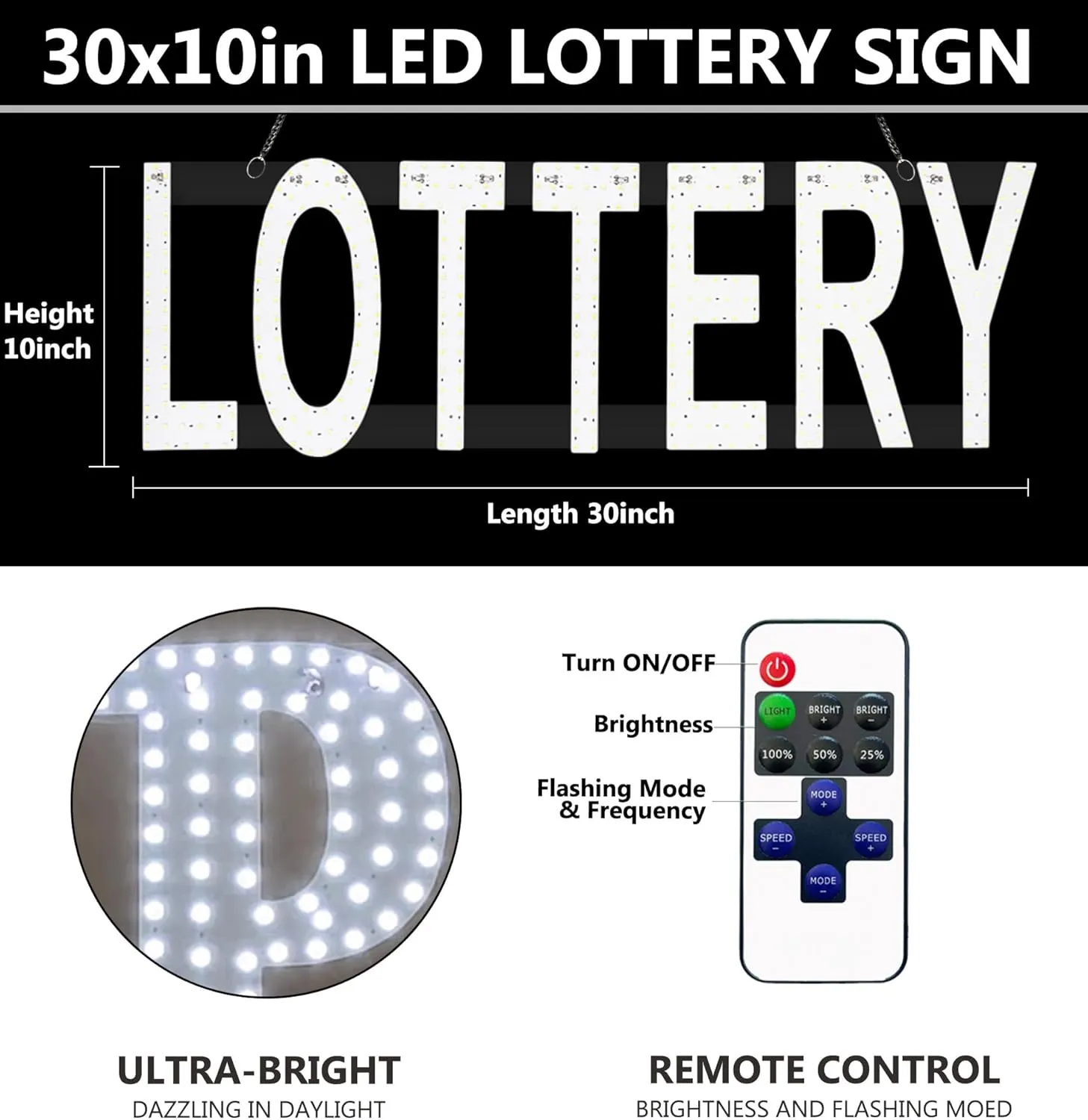 LED LOTTERY Sign for Business,30"x10" LOTTO Grocery Shop Store Sign with Remote Control & Hanging Installation Bright Led for Window Wall Door