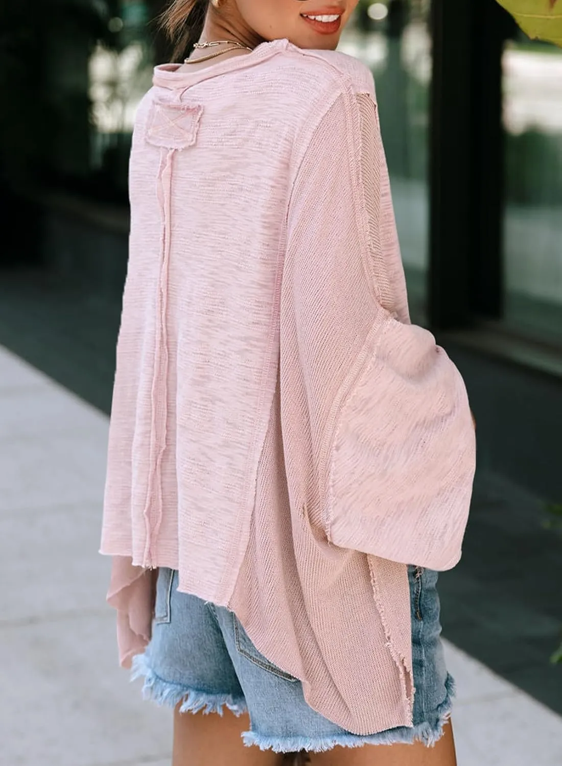 LEMAFER Women's Exposed Seam Chest Pocket Loose Sleeve Oversized Tunic Top Casual Solid Patchwork Long Sleeve Blouse
