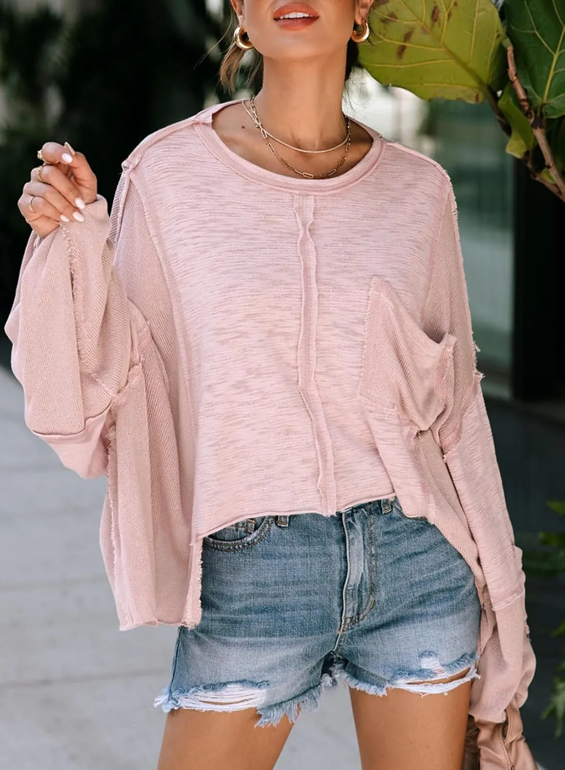 LEMAFER Women's Exposed Seam Chest Pocket Loose Sleeve Oversized Tunic Top Casual Solid Patchwork Long Sleeve Blouse