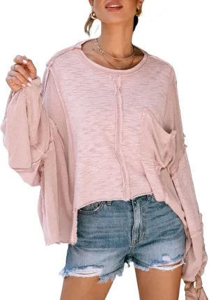 LEMAFER Women's Exposed Seam Chest Pocket Loose Sleeve Oversized Tunic Top Casual Solid Patchwork Long Sleeve Blouse