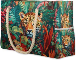 Leopard Bush Watercolor Beach Bags for Women Large Tote Bag with Zipper and Pockets Waterproof Sandproof Accessories Swim Pool Bag Vacation Essentials Gym Travel Carry On Daily Handbag