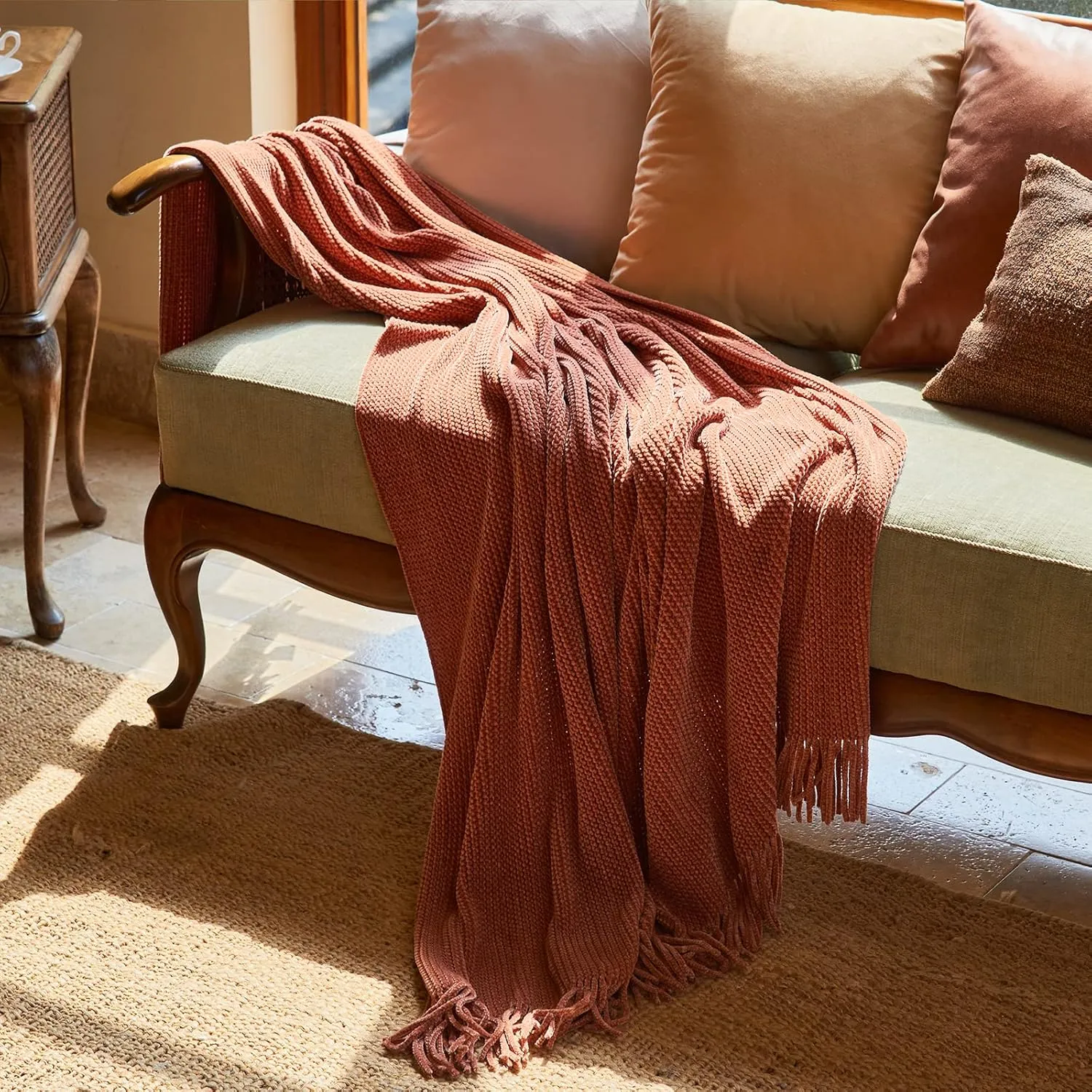 lifein Throw Blanket for Couch, Soft Boho Bed Throw,Cozy Burnt Orange Chenille Knitted Small Spring Lightweight Throw for Spring(Rust,50 * 60")