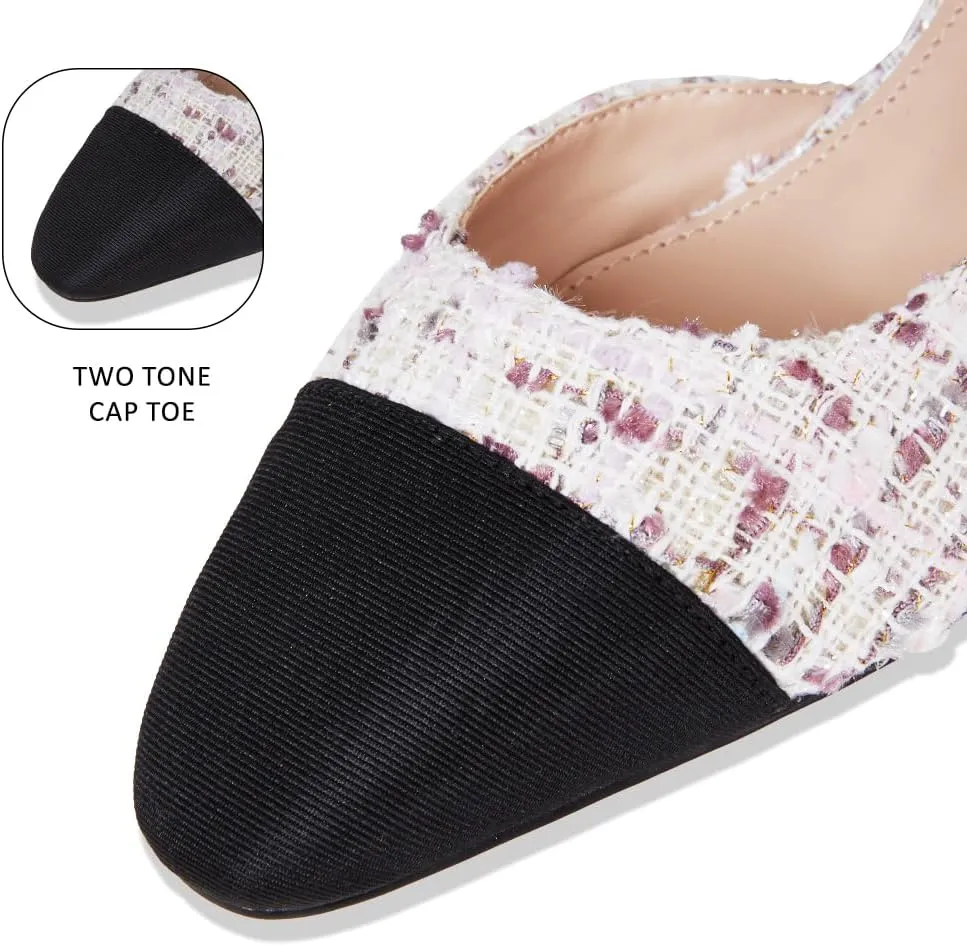 LinnOaks Slingback Heels for Women Round Closed Toe Pumps Two Tone Chunky Mid Heel Wedding Party Dress Shoes Ladies Fashion Patchwork Mary Jane Heels Multicolor Classic Comfy Tweed Heels Office Shoes