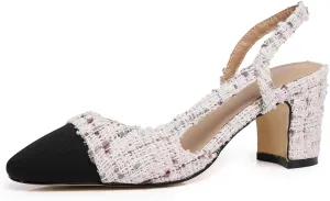 LinnOaks Slingback Heels for Women Round Closed Toe Pumps Two Tone Chunky Mid Heel Wedding Party Dress Shoes Ladies Fashion Patchwork Mary Jane Heels Multicolor Classic Comfy Tweed Heels Office Shoes