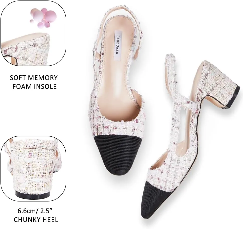 LinnOaks Slingback Heels for Women Round Closed Toe Pumps Two Tone Chunky Mid Heel Wedding Party Dress Shoes Ladies Fashion Patchwork Mary Jane Heels Multicolor Classic Comfy Tweed Heels Office Shoes