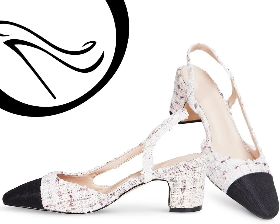 LinnOaks Slingback Heels for Women Round Closed Toe Pumps Two Tone Chunky Mid Heel Wedding Party Dress Shoes Ladies Fashion Patchwork Mary Jane Heels Multicolor Classic Comfy Tweed Heels Office Shoes