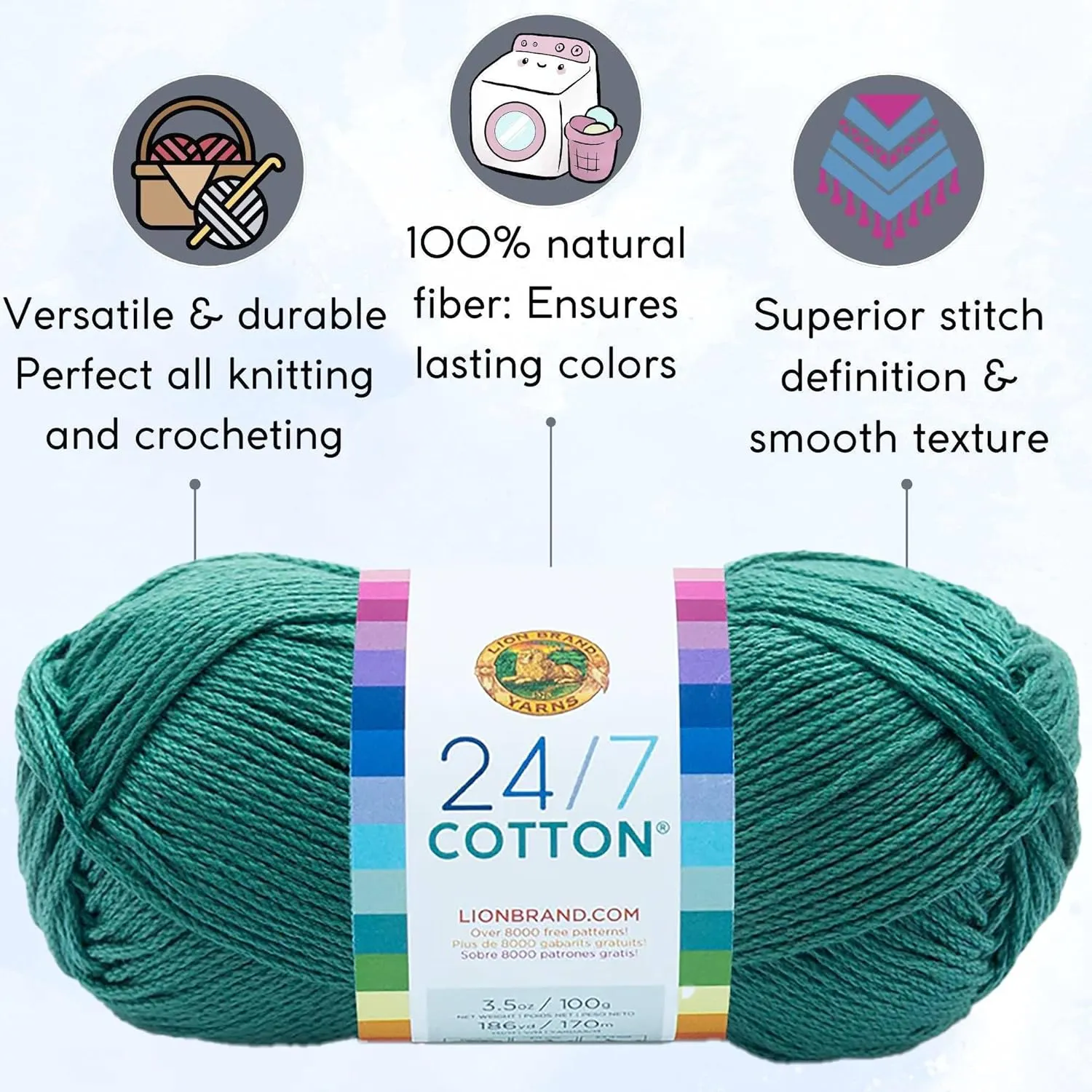 Lion Brand 24/7 Cotton Jade 761-178 (6-Skeins - Same Dye Lot) Worsted Medium #4 Cotton Yarn for Crocheting and Knitting with Project Bag