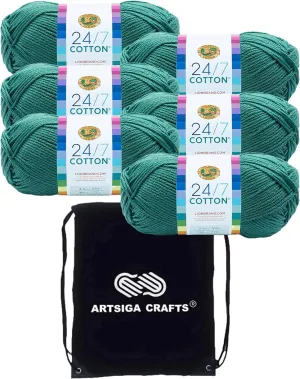 Lion Brand 24/7 Cotton Jade 761-178 (6-Skeins - Same Dye Lot) Worsted Medium #4 Cotton Yarn for Crocheting and Knitting with Project Bag