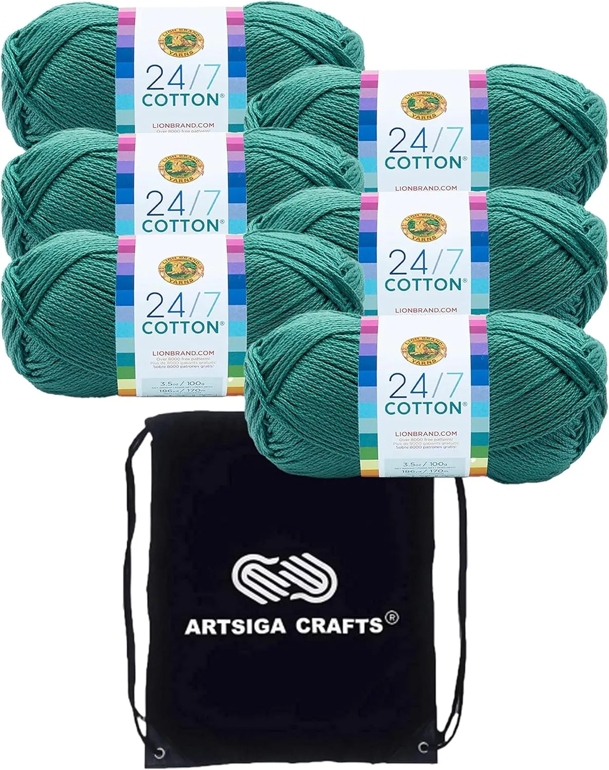 Lion Brand 24/7 Cotton Jade 761-178 (6-Skeins - Same Dye Lot) Worsted Medium #4 Cotton Yarn for Crocheting and Knitting with Project Bag