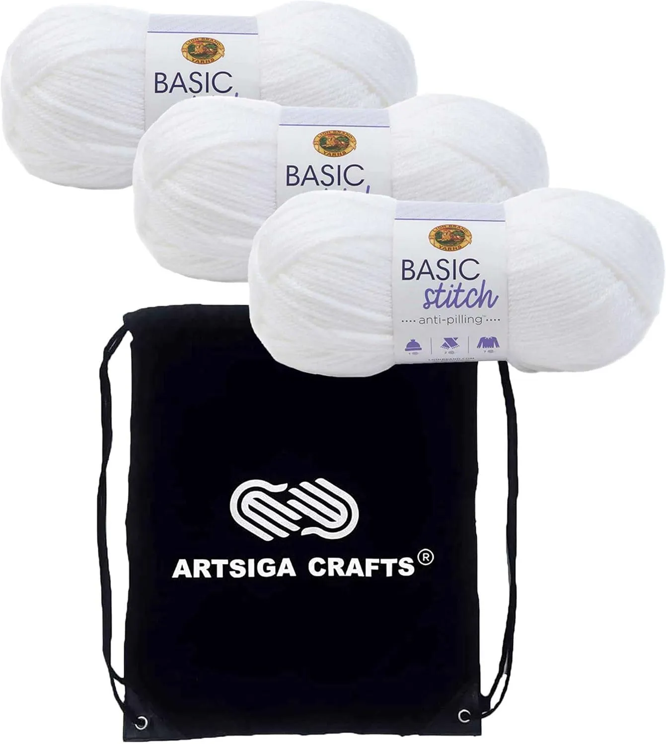Lion Brand Basic Stitch Anti-Pilling White 202-100 (3-Skeins - Same Dye Lot) Worsted Medium #4 Acrylic Yarn for Crocheting and Knitting with Project Bag