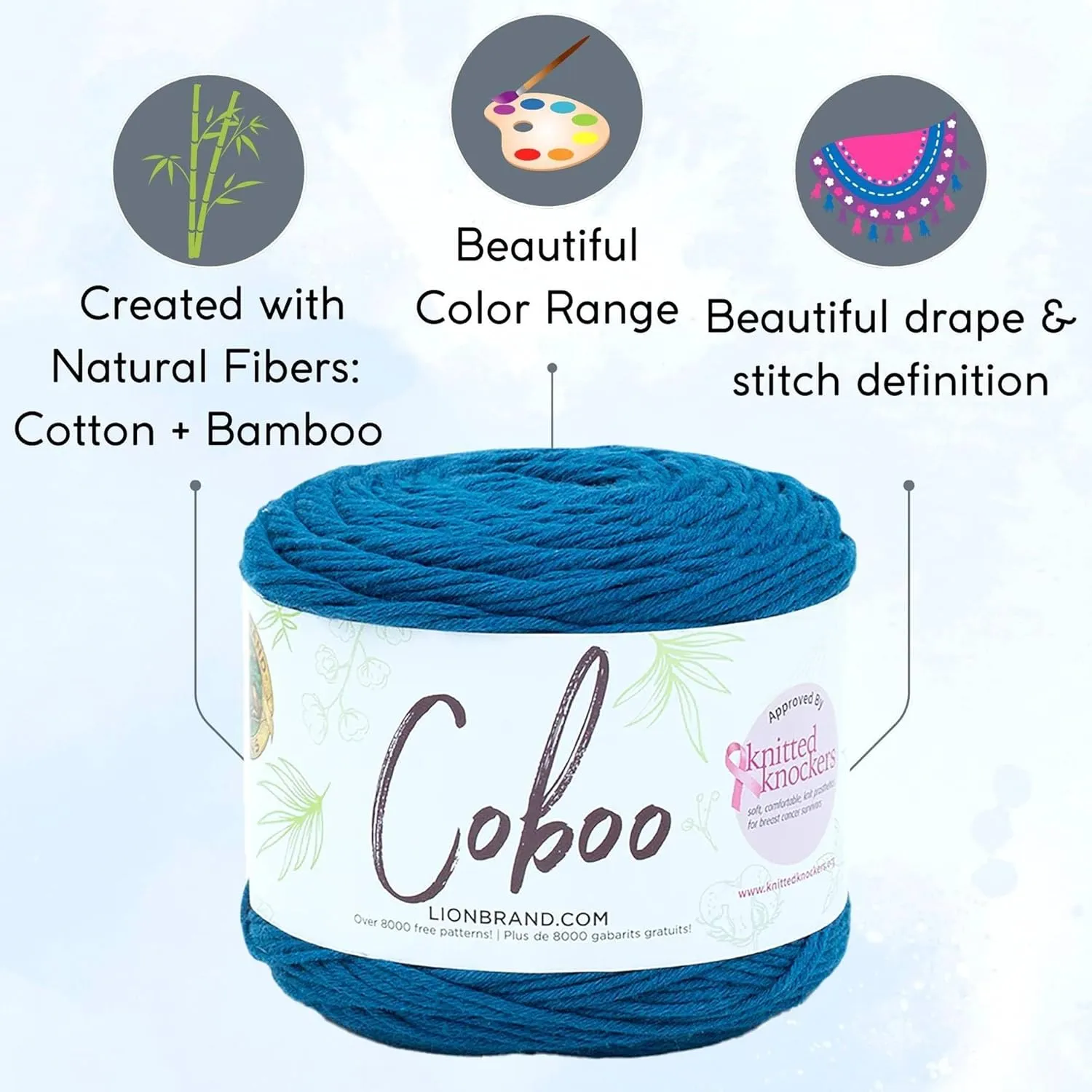 Lion Brand Coboo Steel Blue 835-109 (6-Skeins - Same Dye Lot) DK Light Worsted #3 Cotton, Bamboo Yarn for Crocheting and Knitting with Project Bag