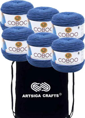 Lion Brand Coboo Steel Blue 835-109 (6-Skeins - Same Dye Lot) DK Light Worsted #3 Cotton, Bamboo Yarn for Crocheting and Knitting with Project Bag