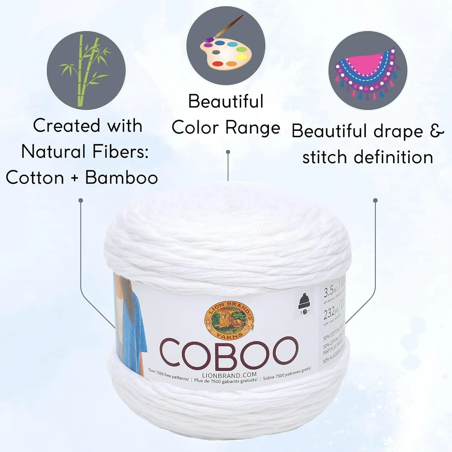 Lion Brand Coboo White 835-100 (3-Skeins - Same Dye Lot) DK Light Worsted #3 Cotton, Bamboo Yarn for Crocheting and Knitting with Project Bag