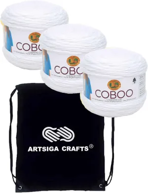 Lion Brand Coboo White 835-100 (3-Skeins - Same Dye Lot) DK Light Worsted #3 Cotton, Bamboo Yarn for Crocheting and Knitting with Project Bag