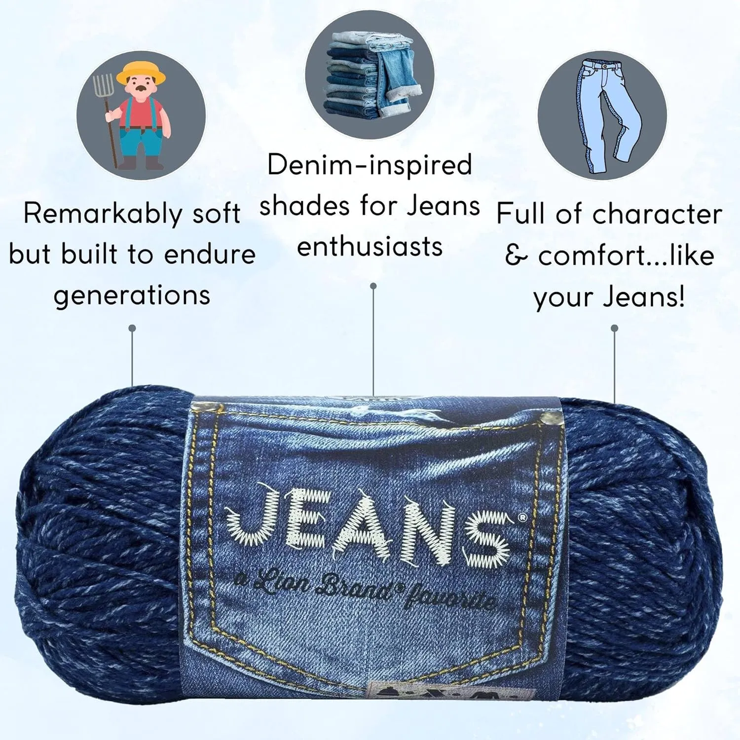 Lion Brand Jeans Classic 505-110 (3-Skeins - Same Dye Lot) Worsted Medium #4 Acrylic Yarn for Crocheting and Knitting with Project Bag