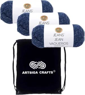Lion Brand Jeans Classic 505-110 (3-Skeins - Same Dye Lot) Worsted Medium #4 Acrylic Yarn for Crocheting and Knitting with Project Bag