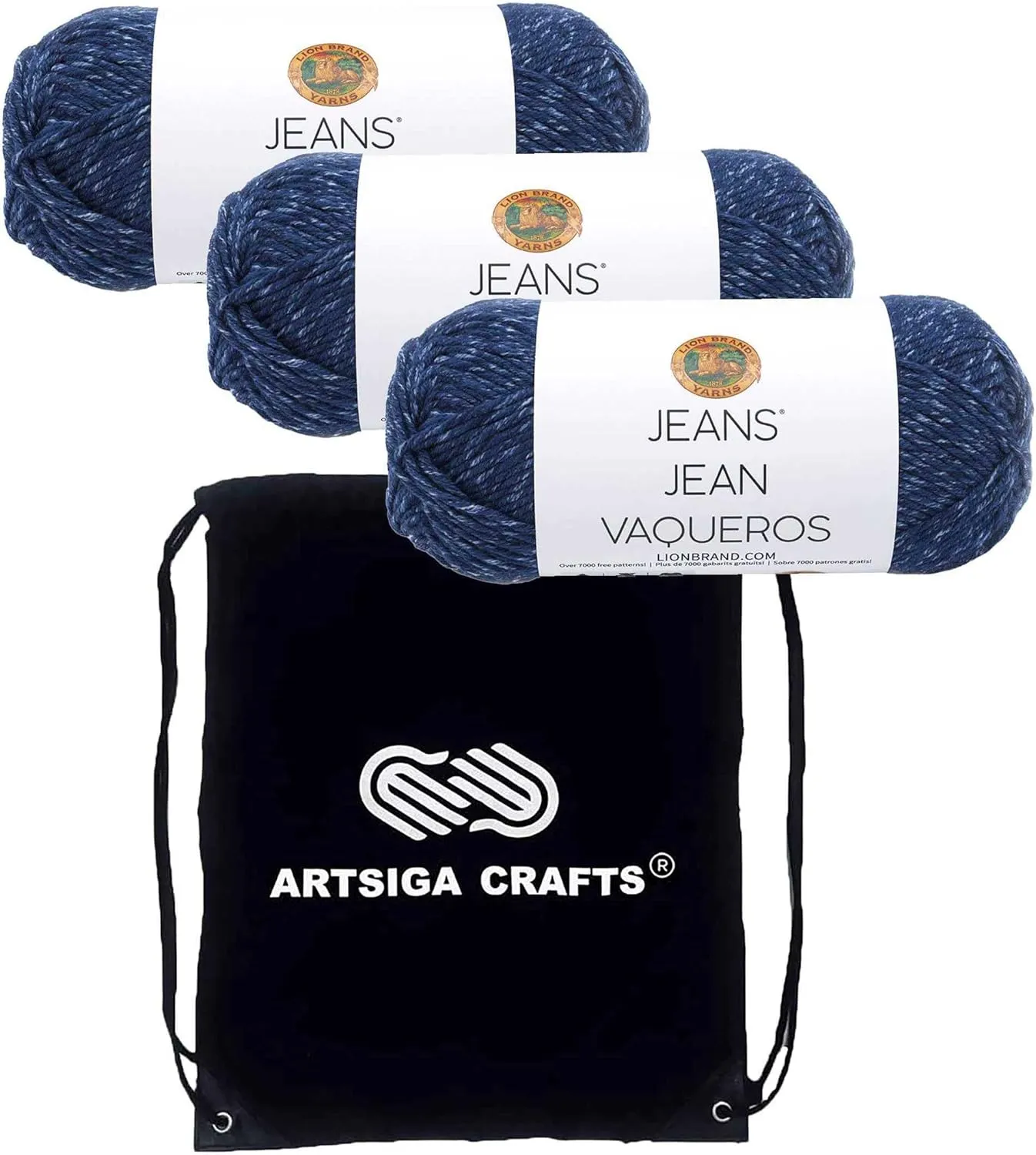Lion Brand Jeans Classic 505-110 (3-Skeins - Same Dye Lot) Worsted Medium #4 Acrylic Yarn for Crocheting and Knitting with Project Bag