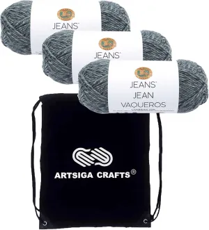 Lion Brand Jeans Vintage 505-150 (3-Skeins - Same Dye Lot) Worsted Medium #4 Acrylic Yarn for Crocheting and Knitting with Project Bag