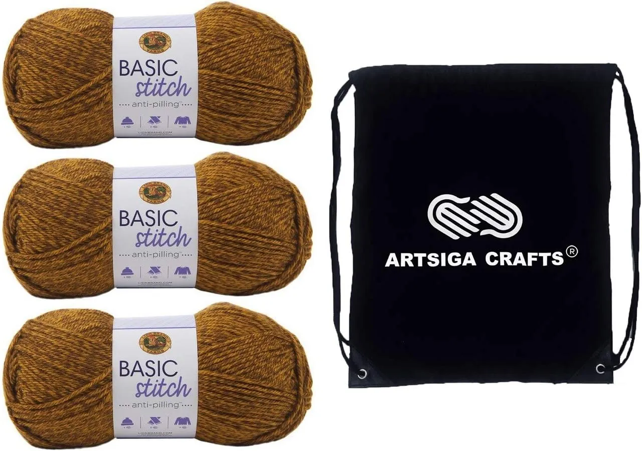 Lion Brand Knitting Yarn Basic Stitch Anti Pilling Gold Heather 3-Skein Factory Pack (Same Dye Lot) 202-401 with Knitting Project Bag