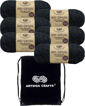 Lion Brand Re Spun Bonus Raven 126-153 (6-Skeins - Same Dye Lot) Worsted Medium #4 Polyester Yarn for Crocheting and Knitting with Project Bag