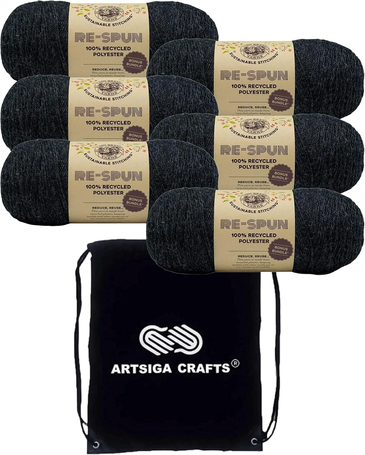 Lion Brand Re Spun Bonus Raven 126-153 (6-Skeins - Same Dye Lot) Worsted Medium #4 Polyester Yarn for Crocheting and Knitting with Project Bag