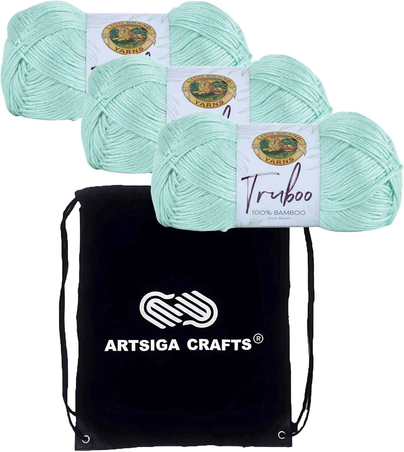 Lion Brand Truboo Mint 837-156 (3-Skeins - Same Dye Lot) DK Light Worsted #3 Rayon Yarn for Crocheting and Knitting with Project Bag