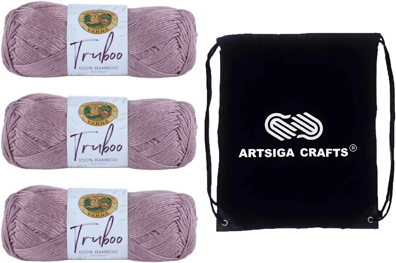 Lion Brand Truboo Mushroom 837-122 (3-Skeins - Same Dye Lot) DK Light Worsted #3 Rayon Yarn for Crocheting and Knitting with Project Bag