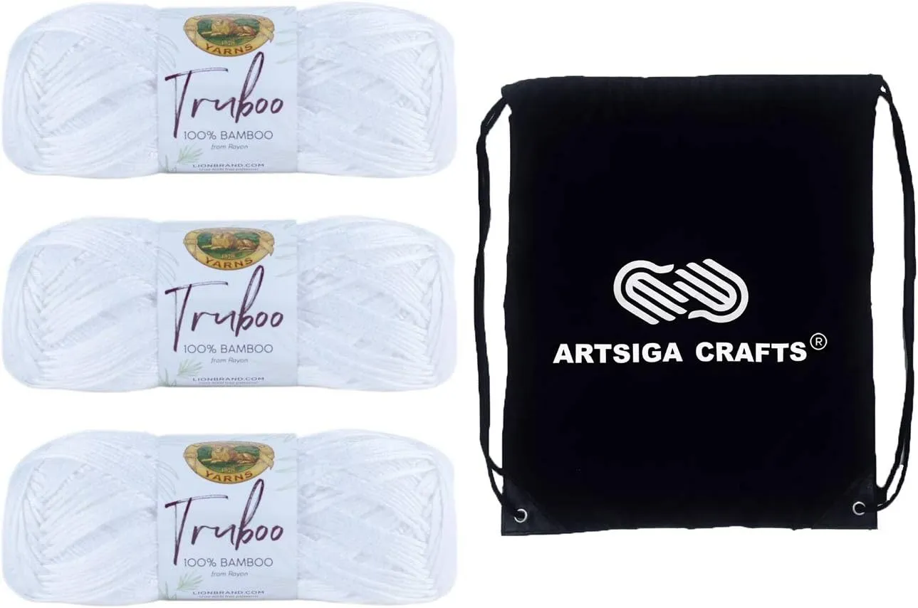 Lion Brand Truboo White 837-100 (3-Skeins - Same Dye Lot) DK Light Worsted #3 Rayon Yarn for Crocheting and Knitting with Project Bag