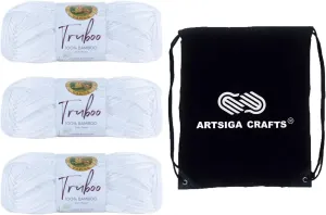 Lion Brand Truboo White 837-100 (3-Skeins - Same Dye Lot) DK Light Worsted #3 Rayon Yarn for Crocheting and Knitting with Project Bag