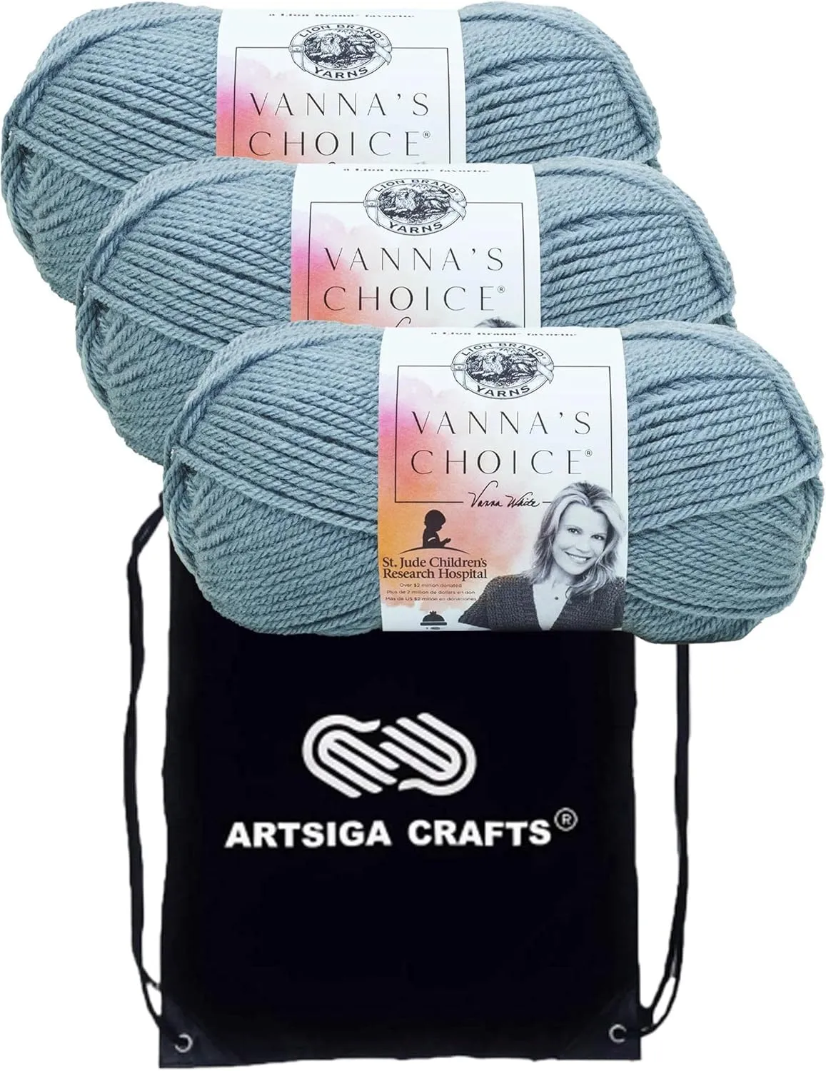 Lion Brand Vanna's Choice Dusty Blue 860-108 (3-Skeins - Same Dye Lot) Worsted Medium #4 Acrylic Yarn for Crocheting and Knitting with Project Bag