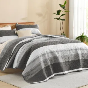 Litanika Quilt Queen Size Dark Grey, Stripe Patchwork Summer Bedspread Coverlet 3 Pieces, Soft Lightweight Microfiber Quilted Bedding Set for All Season(1 Quilt, 2 Pillowcases)
