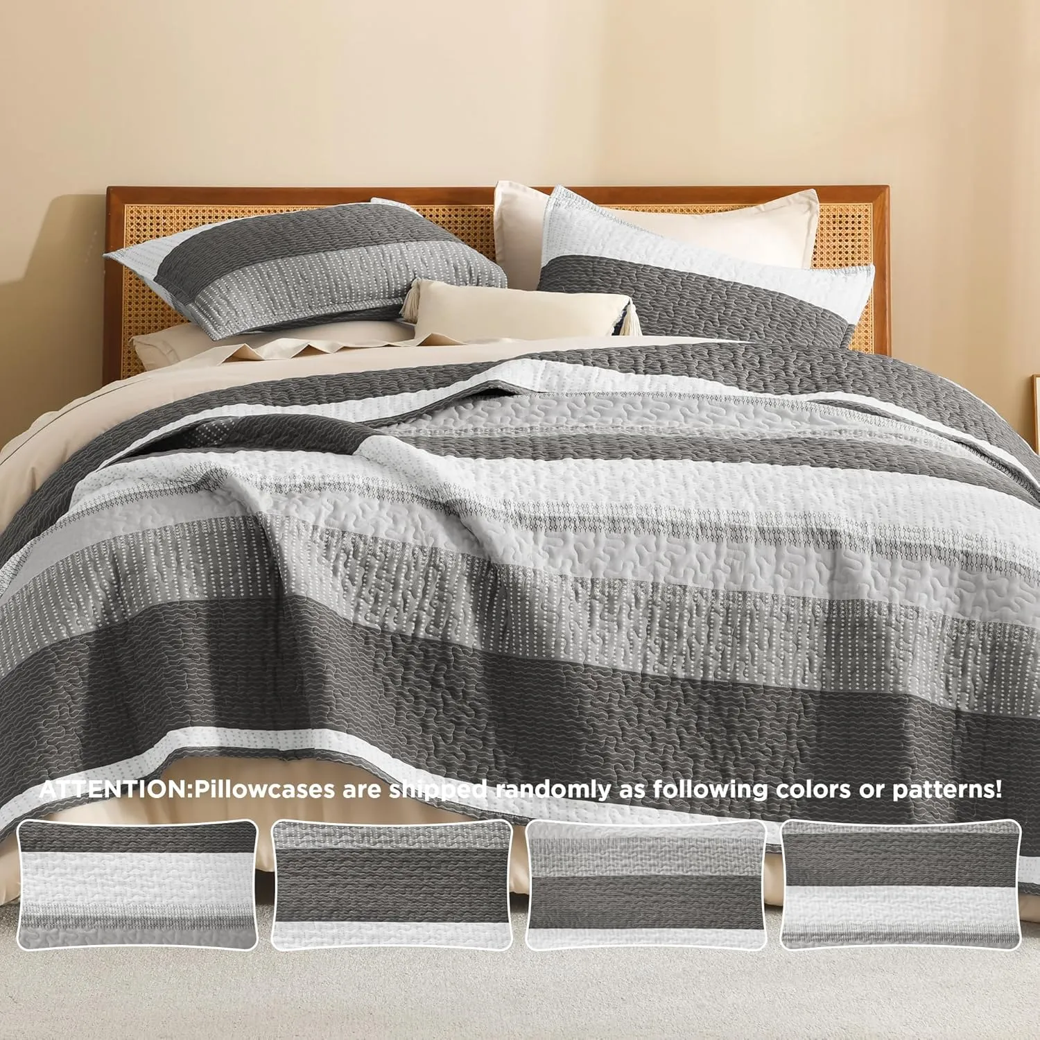 Litanika Quilt Queen Size Dark Grey, Stripe Patchwork Summer Bedspread Coverlet 3 Pieces, Soft Lightweight Microfiber Quilted Bedding Set for All Season(1 Quilt, 2 Pillowcases)