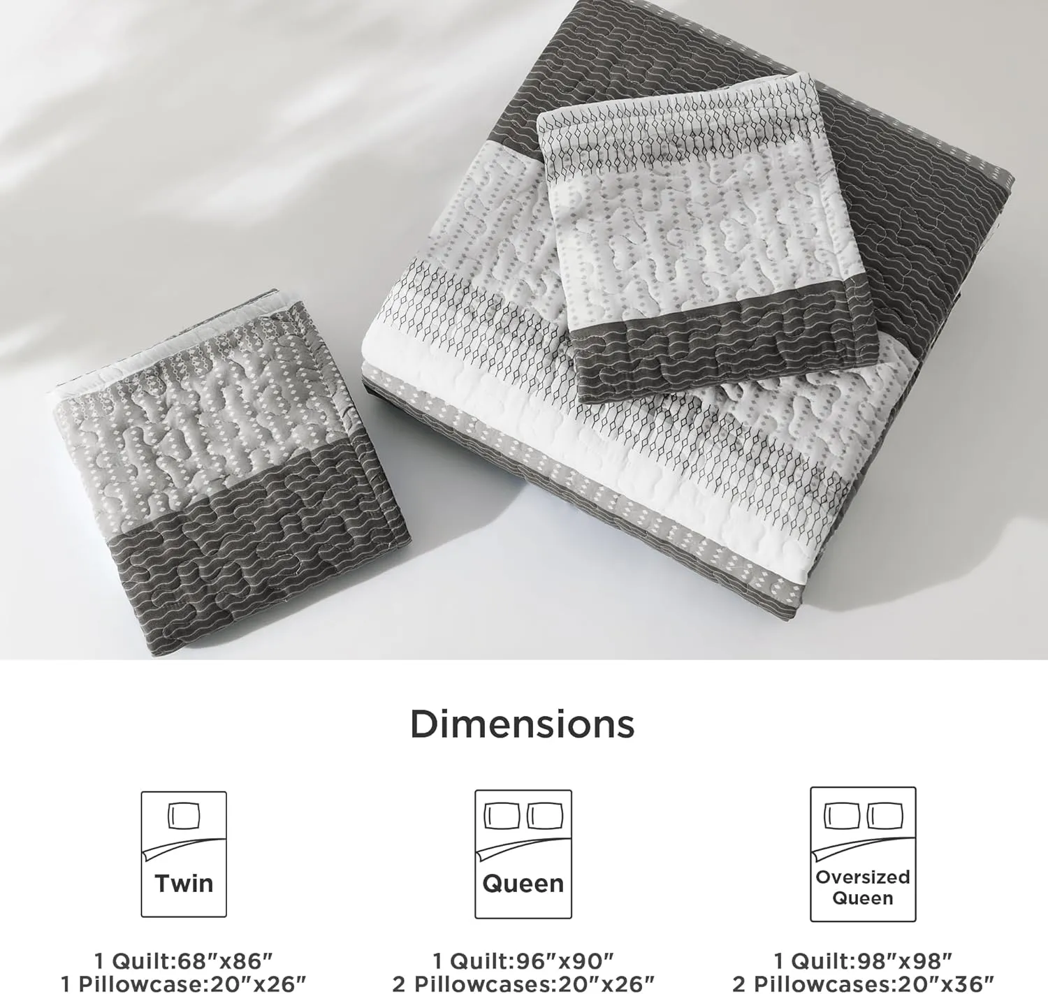 Litanika Quilt Queen Size Dark Grey, Stripe Patchwork Summer Bedspread Coverlet 3 Pieces, Soft Lightweight Microfiber Quilted Bedding Set for All Season(1 Quilt, 2 Pillowcases)