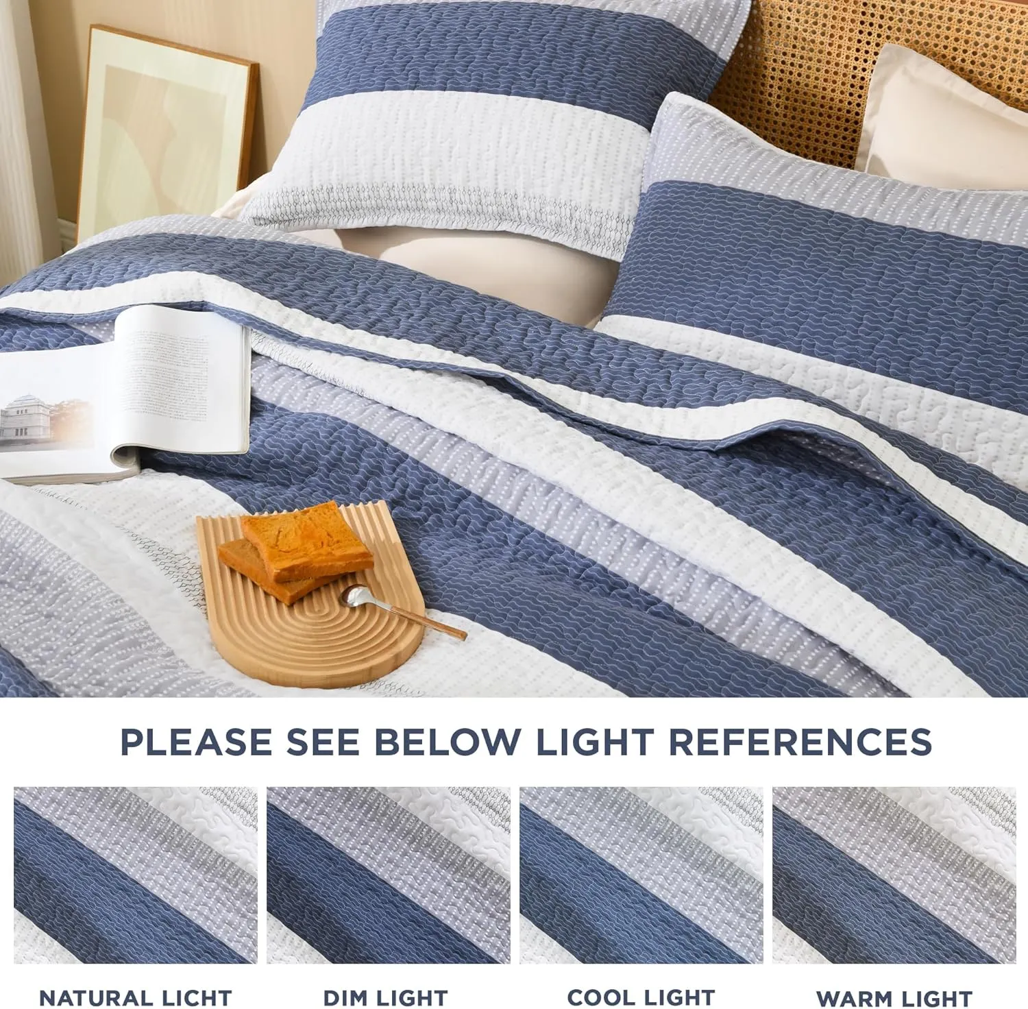Litanika Quilt Queen Size Mineral Blue, Stripe Patchwork Summer Bedspread Coverlet 3 Pieces, Soft Lightweight Microfiber Quilted Bedding Set for All Season(1 Quilt, 2 Pillowcases)